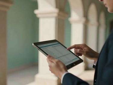 Close-up of a hotel revenue manager's hands analyzing data on a tablet, soft architectural shadows, focused, 35mm