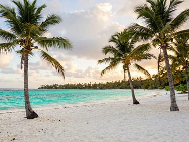 Costa virgen de la Isla Saona con arena blanca y agua marina turquesa cristalina, palmeras inclinadas sin personas, luz de atardecer dorado.