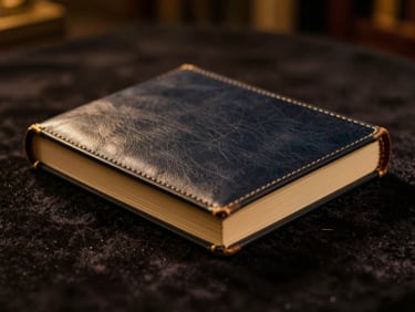 A hand-bound leather book resting on a dark velvet surface, warm cinematic photography, low-key tungsten lighting