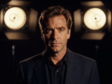 Low-key dramatic portrait of a classic actor under warm tungsten stage lights, rich navy shadows, high contrast chiaroscuro, 35mm film.