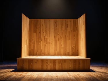 Wide shot of a theatrical stage setting, minimalist wooden set design, bathed in warm golden tungsten light, deep shadows.