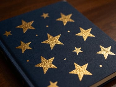 A beautifully illustrated children's book cover with gold foil stars, rich deep navy tones, warm cinematic photography