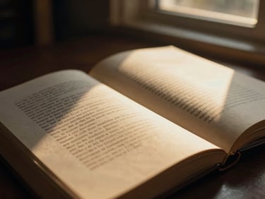 An open book with elegant serif typography on heavy cotton paper, golden-hour window light, shallow depth of field
