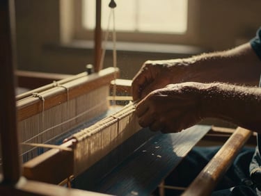 Cinematic 16:9 close-up of weathered hands working a wooden loom, warm golden-hour window light illuminating floating dust, shallow depth of field