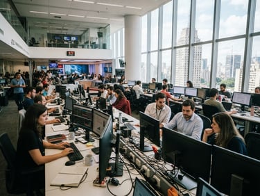 Wide panoramic shot of a modern, busy newsroom in São Paulo, journalists working at their desks with computer screens showing charts and text, bright daylight streaming through large windows, high contrast, sharp focus, 35mm lens, realistic color palette.