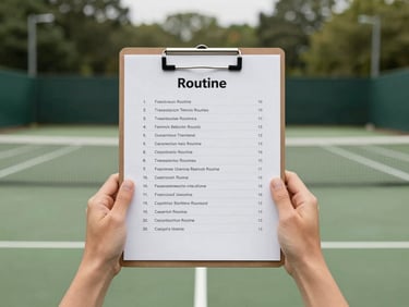 Hands holding a clipboard with a printed tennis routine sheet on a clay tennis court, bright natural daylight, forest green tones, 35mm