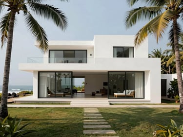 Wide shot of a luxury coastal villa exterior in Goa, minimalist white architecture surrounded by palms.