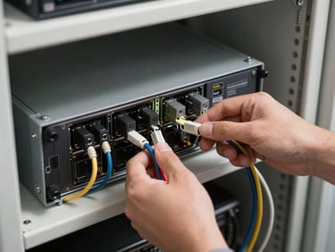 Installer hands connecting cables at a network video recorder panel inside a utility closet, hardware components laid out neatly, natural overhead lighting showing conduit and cable management clearly