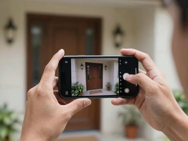 Hands holding a smartphone showing a live security camera app feed of a residential front entrance, natural indoor light, app interface visible with motion alert notification on screen