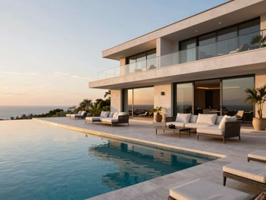 Wide architectural shot of a luxury villa terrace at golden hour, elegant outdoor furniture, infinity pool reflecting the soft sky, clean lines.