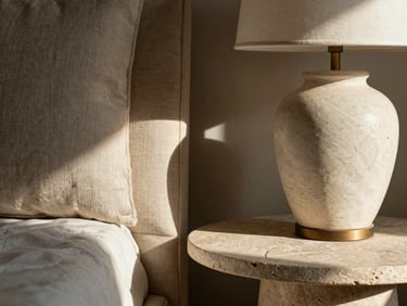 Close-up of premium interior decor, natural linen fabric, a designer ceramic lamp on a stone side table, warm morning sunlight, soft shadows.