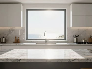 Bright, over-exposed Mediterranean sunlight streaming into a modern kitchen, marble countertops, high-end design details, minimalist aesthetic.