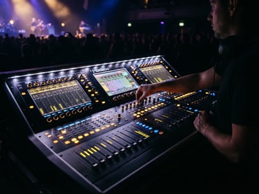 Close-up of a professional digital audio mixing console in a dark venue, glowing gold and blue indicator lights, sharp focus, premium production environment.