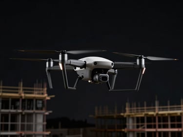 CONSTRUCT-D1 drone performing a scan on a construction site, high-contrast, dark obsidian background.