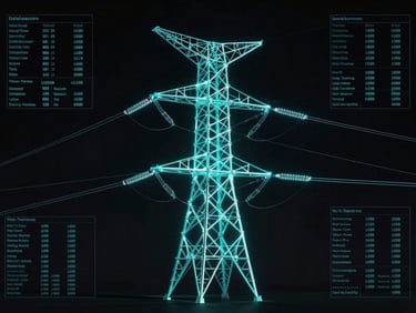 Schematic overlay of a digital twin model of a power transmission tower, glowing electric cyan lines, dark obsidian background, technical data readouts.