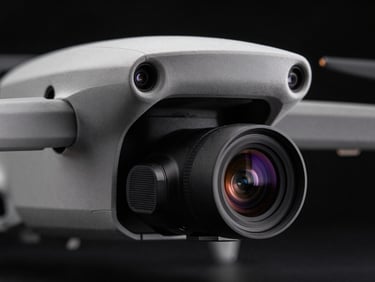 Close-up macro shot of a drone sensor array, high-resolution camera lens, thermal imaging components, sharp edge-lighting, dark obsidian background.