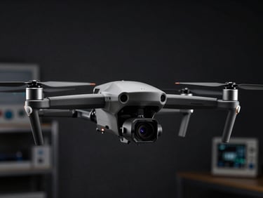 Low-key dramatic product photography of a drone sensor array, high-contrast details, dark laboratory background, 85mm