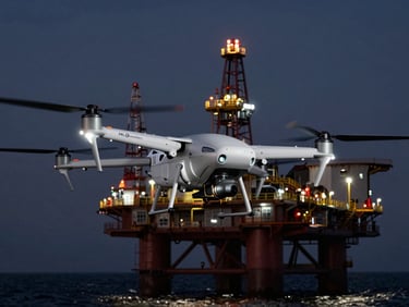Low-angle heroic product shot of a Hilmi AeroBotics industrial UAV performing an inspection flight near an offshore oil rig at twilight, sharp technical edge-lighting, telemetry overlay, 85mm