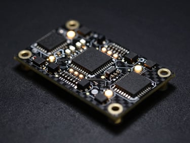 Close-up macro shot of a custom PCB board with glowing status LEDs, integrated into a carbon-fiber airframe, sharp technical edge-lighting, dark obsidian background, high-contrast details, 85mm