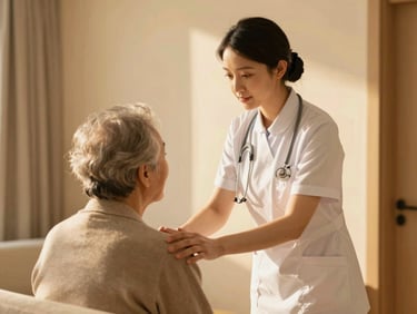 Caring nurse interacting gently with an elderly patient in a clean, warm room, soft golden light, high-end architectural style.