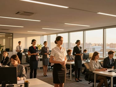 Professional staff in clean, branded uniforms, diverse team, modern office environment, golden-hour interior light, rich amber tones.