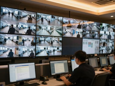 Close-up of a security monitoring center with multiple screens displaying surveillance feeds, a professional operator at a console, warm golden-hour interior light, rich amber tones, sharp focus, high-end architectural style