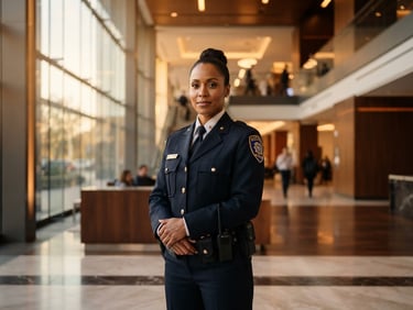 A professional security officer in a sharp, clean uniform standing under warm architectural daylight, looking confident and ready.