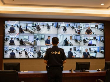 Security guard in branded uniform, monitoring surveillance screens in a control room, rich amber tones, sharp focus, high-end architectural style.