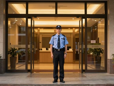 Professional security guard in a clean, branded uniform, standing vigilant at a corporate entrance, warm golden-hour interior light, rich amber tones, sharp focus, high-end architectural style