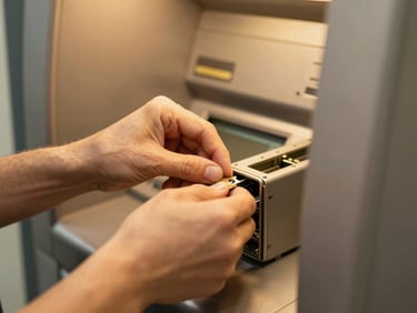 Close-up of a technician's hands carefully installing an ATM component, warm golden light, sharp focus, clean uniform.