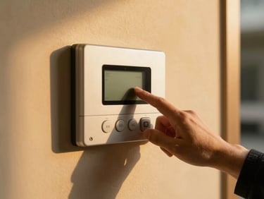 Close-up of a modern alarm system panel integrated into a wall, with a security professional's hand interacting with it, warm golden-hour interior light, rich amber tones, sharp focus, high-end architectural style