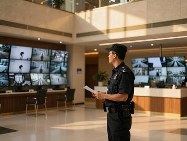 Professional security guard in a modern corporate lobby, discreetly monitoring, e-surveillance monitors in background, golden-hour interior light.