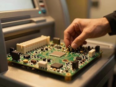 Close-up of an ATM motherboard with intricate circuitry, technician's hands in the background, warm golden light, sharp focus.