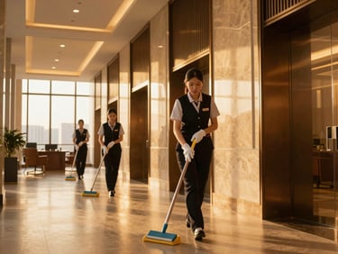 Housekeeping professional in branded uniform, cleaning a high-end office space, golden-hour interior light, rich amber tones.