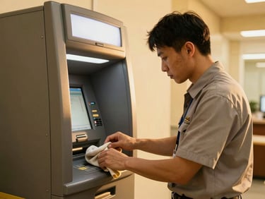 Technician performing preventative maintenance on an ATM machine, clean branded uniform, warm golden light, focused on the task.