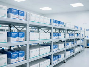 High-key clinical shot of state-of-the-art pharmaceutical warehouse logistics, organized blue and white boxes on clean steel racks, sterile lighting
