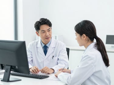 Professional B2B consultation between a pharmaceutical representative and a distributor in a clean, bright medical office, high-key lighting, sterile white and teal tones, 50mm lens.