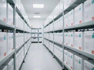 Modern temperature-controlled pharmaceutical warehouse logistics, clean organized rows of medical boxes, bright high-key lighting, professional distribution setting, 50mm lens.