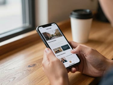 A person's hands holding a smartphone displaying an email newsletter with local LaGrange business stories, sitting at a wooden café counter, soft window light from the left, coffee cup visible in the background, candid and unhurried
