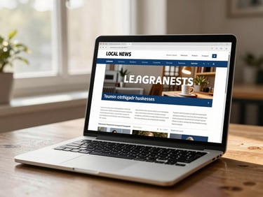 A laptop screen showing a local news article page with a display banner ad for a LaGrange small business, placed on a wooden desk near a window, warm afternoon light, editorial context visible in the background text