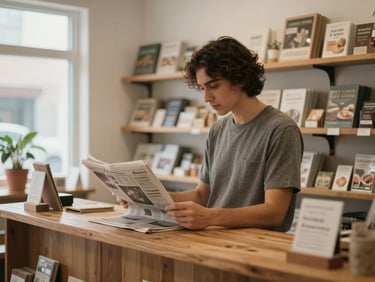Inside a small LaGrange retail shop, the owner stands at a wooden counter reviewing a printed newspaper spread under soft window light from the left, shelves of local goods visible in the background, natural warm tones, relaxed and unposed