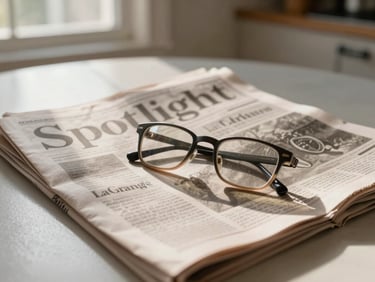 Close-up of a printed Spotlight newspaper spread open on a kitchen table in LaGrange, natural morning light from a nearby window, a pair of reading glasses resting on the page, warm cream and charcoal tones, shallow depth of field