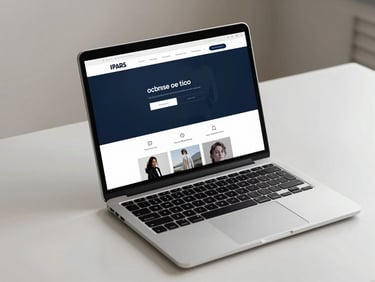 Oblique angle view of a sleek open laptop displaying a modern ecommerce website on a clean desk, studio ambient lighting, neutral background, dark blue color palette on screen