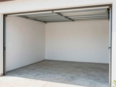 A before-and-after split of a cluttered garage transformed into a swept-clean, empty space, bright natural daylight.
