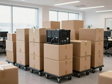 An office relocation with neatly stacked crates and IT equipment secured on transit trollies in a bright office space.
