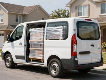 A clean removals van outside a suburban house, neatly loaded with wrapped furniture, showing professional moving standards.