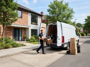A clean, modern removals van parked outside a bright, contemporary brick home on a sunny day, with neatly stacked boxes and a professional mover in a clean uniform carrying a chair.