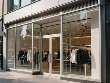 Wide shot of a modern commercial storefront with large clear glass panels and aluminum framing, street-level retail facade in an urban setting under daylight, clean reflections visible on the glass surface