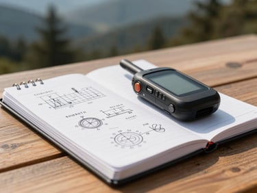 Tight macro shot of a field notebook with technical drawings and a GPS receiver on a wooden desk, crisp natural daylight, sharp focus.