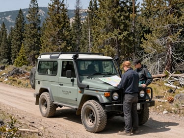 A Rich Lane & Associates branded 4x4 field vehicle parked on a dirt road in a Montana forest, professional team member reviewing a large format map on the hood, clear high-altitude sun.